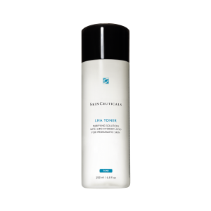 A white cylindrical bottle with a black cap. The label reads "SkinCeuticals" with a blue square logo above it. Below, it says "LHA Toner - Purifying Solution with Lipo Hydroxy Acid for Problematic Skin." The bottle is 200 ml or 6.8 fl oz.