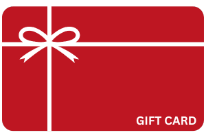 A red gift card with a white ribbon and bow design in the upper left corner. The words "GIFT CARD" are printed in white in the lower right corner. The card has a simple and elegant design.
