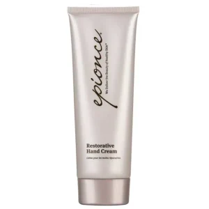 A silver tube of Epionce Restorative Hand Cream with a pink cap. The tube features the brand name "Epionce" in cursive, along with the tagline "We live for the beauty of healthy skin" and the product name in black text.