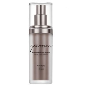 A silver bottle of Epionce Intense Defense Serum with a clear cap. The label includes text that reads "Anti-Aging" and "Repair." The pump-style bottle has a sleek and modern design.