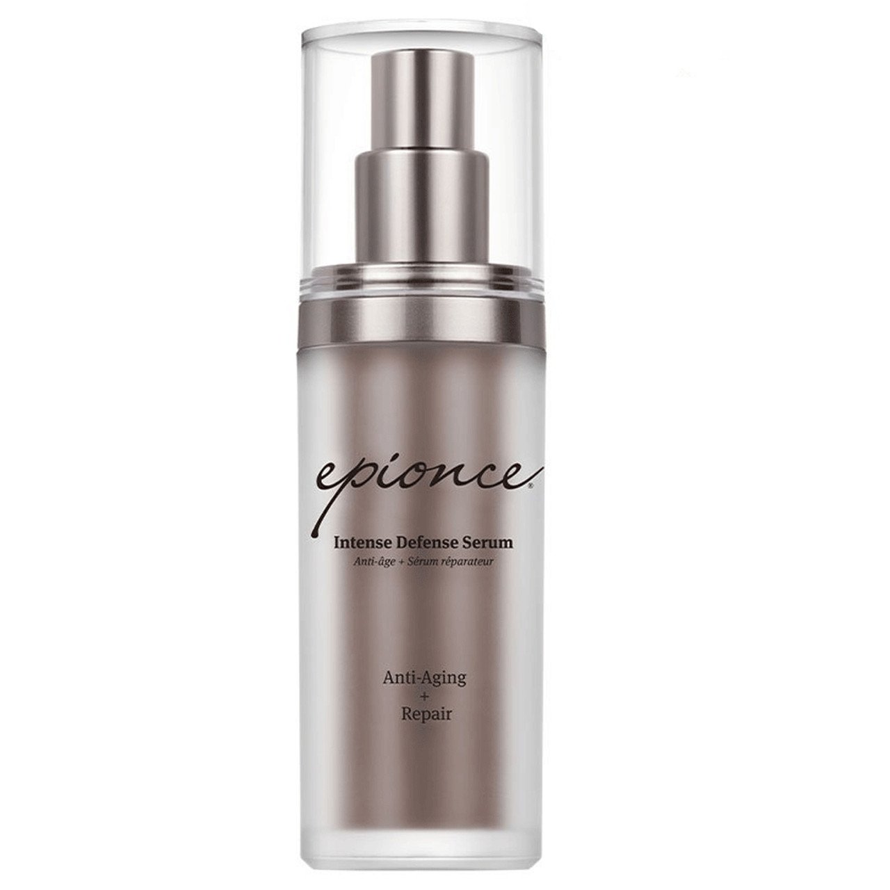 A silver bottle of Epionce Intense Defense Serum with a clear cap. The label includes text that reads "Anti-Aging" and "Repair." The pump-style bottle has a sleek and modern design.