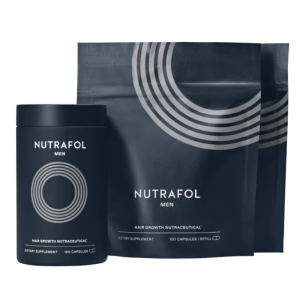 Image shows Nutrafol Men hair growth supplement packaging. A cylindrical container , and two resealable black pouches. Each package contains 120 capsules designed for hair growth.