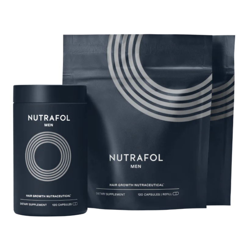 Image shows Nutrafol Men hair growth supplement packaging. A cylindrical container , and two resealable black pouches. Each package contains 120 capsules designed for hair growth.