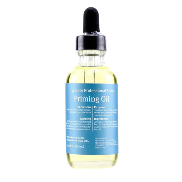 A clear dropper bottle of Epionce Priming Oil with a blue label and black cap.