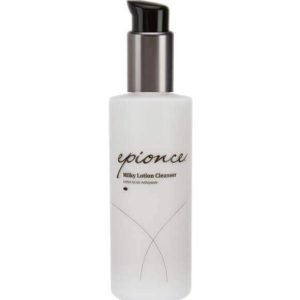 A white bottle of Epionce Milky Lotion Cleanser with a black pump dispenser. The bottle has simple black text and line designs on the front. The product name and brand are readable on the bottle.