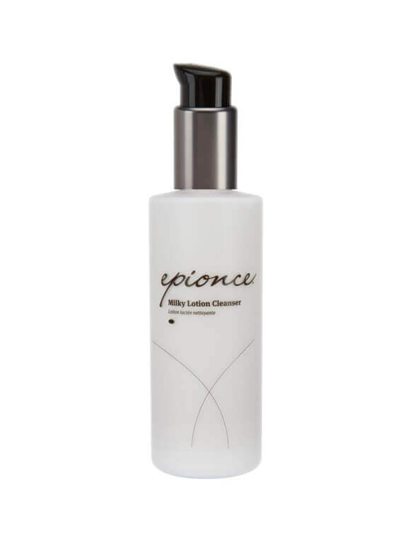 A white bottle of Epionce Milky Lotion Cleanser with a black pump dispenser. The bottle has simple black text and line designs on the front. The product name and brand are readable on the bottle.