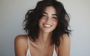 Woman with wavy dark hair smiling, showcasing the benefits of Obagi Hydroquinone.