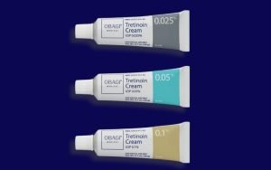 Three tubes of Obagi Tretinoin Cream for acne and anti-aging in 0.025%, 0.05%, and 0.1%.