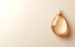 A single glossy drop of Skinceuticals C E Ferulic on a light beige background.