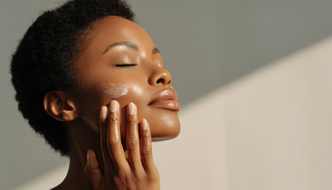 Woman with closed eyes applies cream, embracing her essential skincare routine in sunlight.