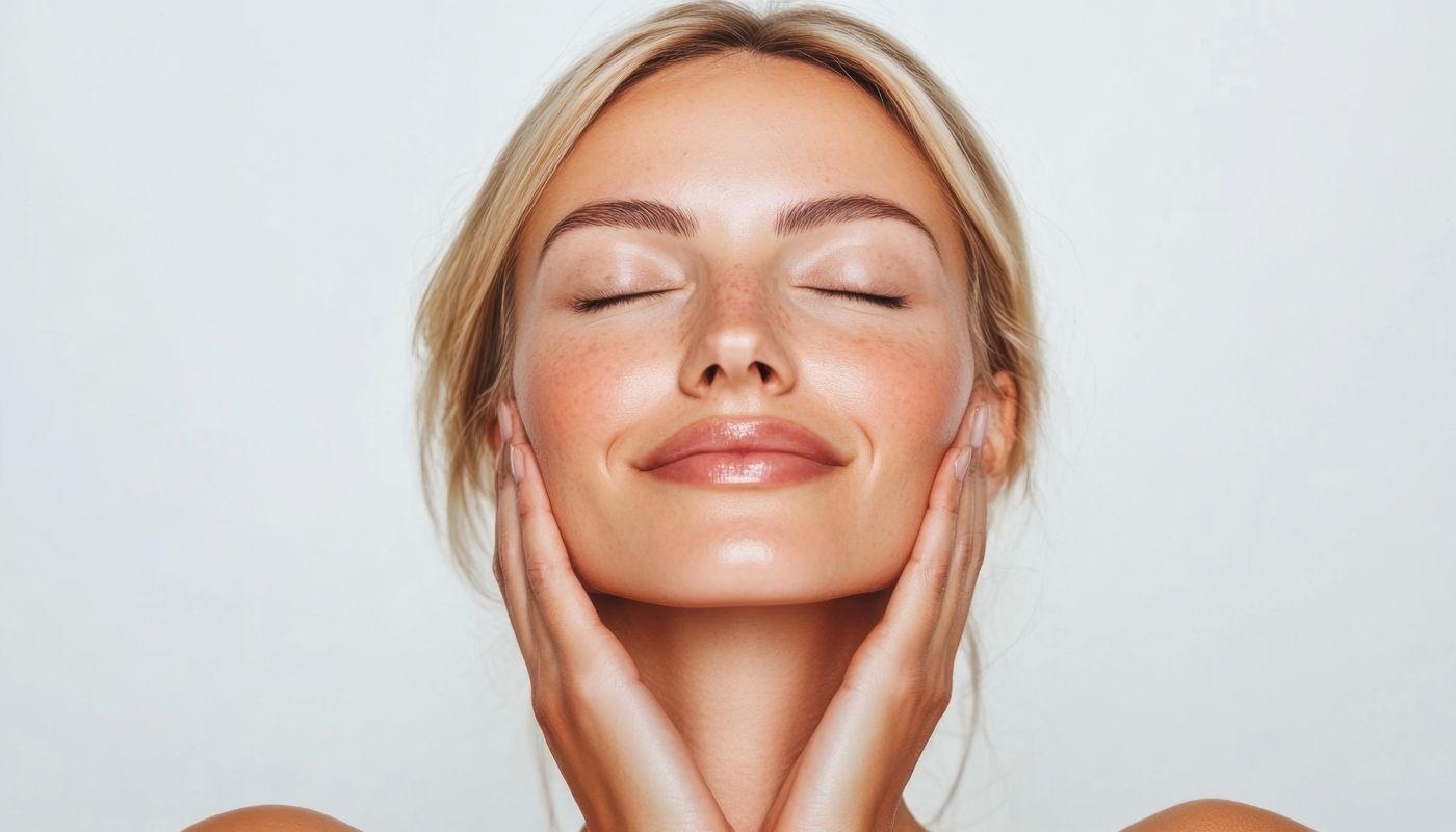 Woman with closed eyes smiling, gently touching her cheeks against a light background.