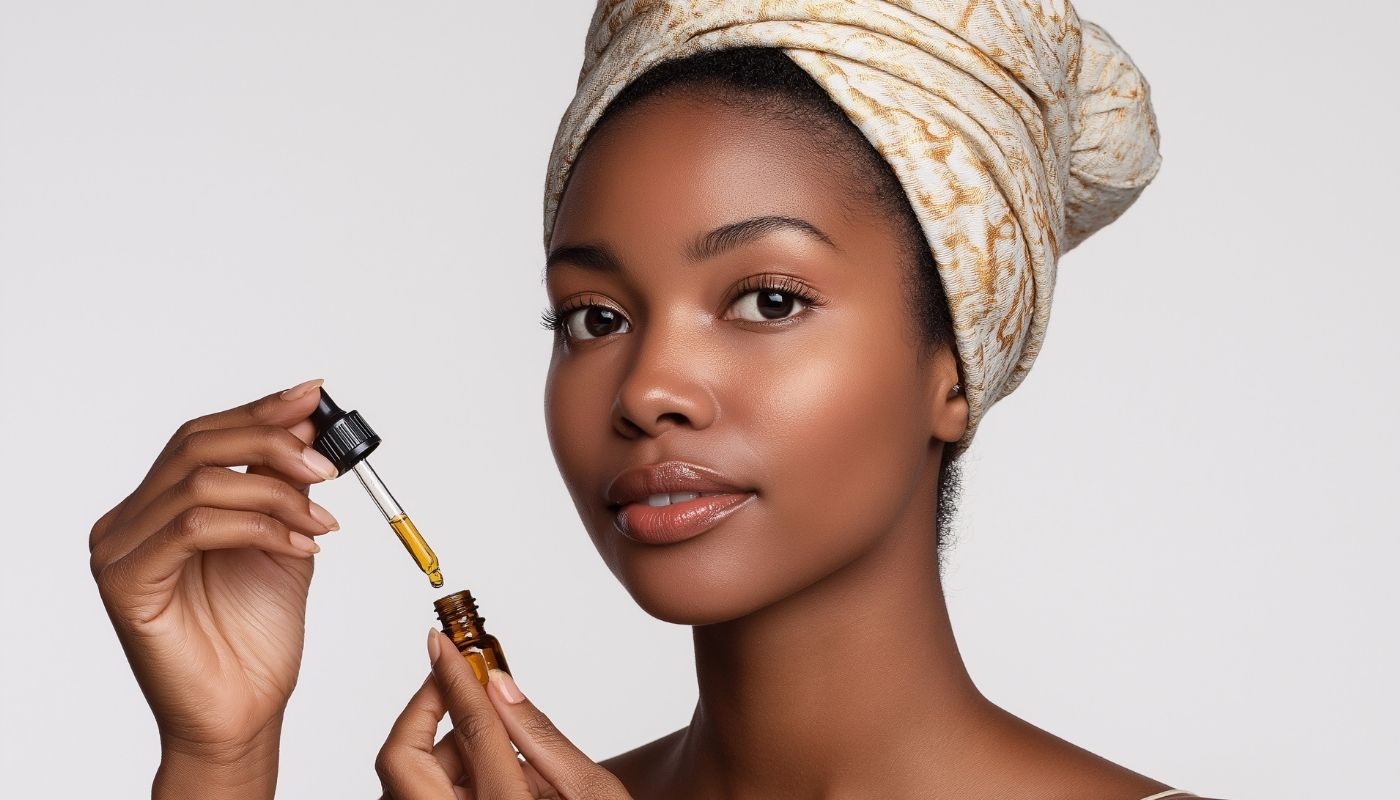 Woman with a headwrap applies facial serum with a dropper, looking at the camera.