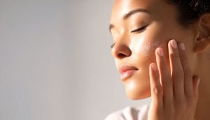 Woman with closed eyes applying PHA Night Cream to her cheek, sunlight on her face.