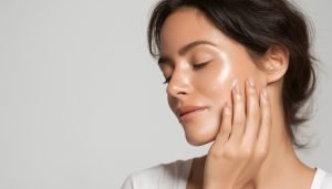 Woman with glowing skin touching her cheek, showing the effects of winter on skin.