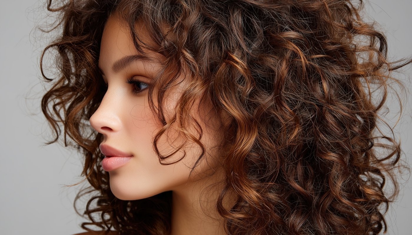 A woman with curly brown hair shows off her hair results from Nutrafol for Women.