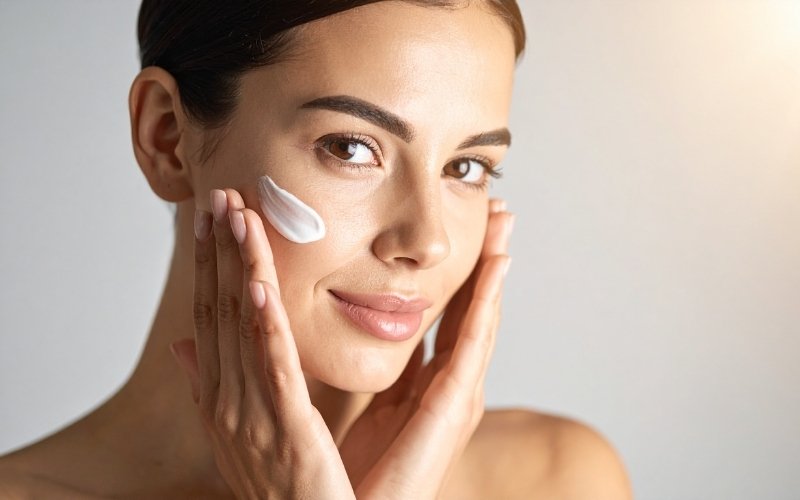 Woman applying moisturizer to her cheek, smiling, with natural makeup and glowing skin.