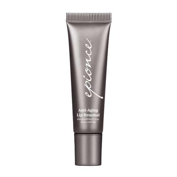 A metallic tube of Epionce Anti-Aging Lip Renewal skincare product.