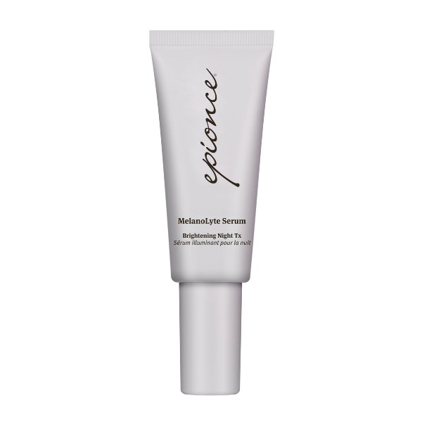 White tube of Epionce MelanoLyte Serum, Brightening Night Tx, on a plain background.