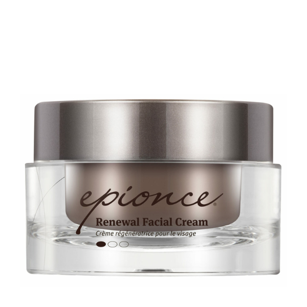 Jar of Epionce Renewal Facial Cream with a metallic silver lid on a white background.