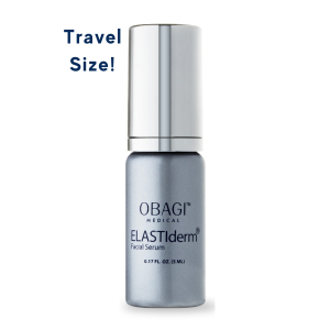 Silver bottle of Obagi ELASTIderm Facial Serum with text Travel Size! on a white background.