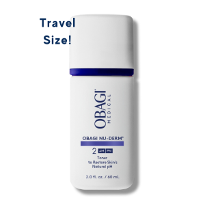 Obagi Nu-Derm toner travel size bottle with text Travel Size! on white background.