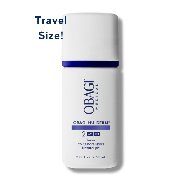 Obagi Nu-Derm toner travel size bottle with text Travel Size! on white background.