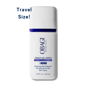 Small bottle of Obagi Nu-Derm foaming gel cleanser labeled as Travel Size!.