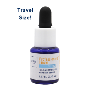 Small blue bottle of Obagi Professional-C Serum 10%, labeled as Travel Size!