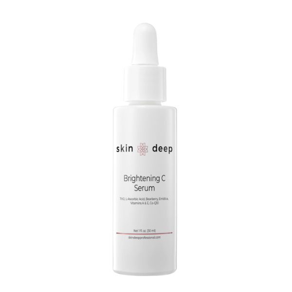 White bottle of Skin Deep Brightening C Serum with a dropper cap against a plain background.