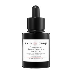 A black dropper bottle labeled skin deep Concentrated Retinol Treatment Serum 2.5x.
