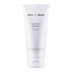 White tube labeled skin deep Gly/Sal 5-2 Cleanser on a plain background.