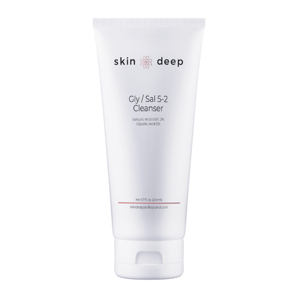 White tube labeled skin deep Gly/Sal 5-2 Cleanser on a plain background.