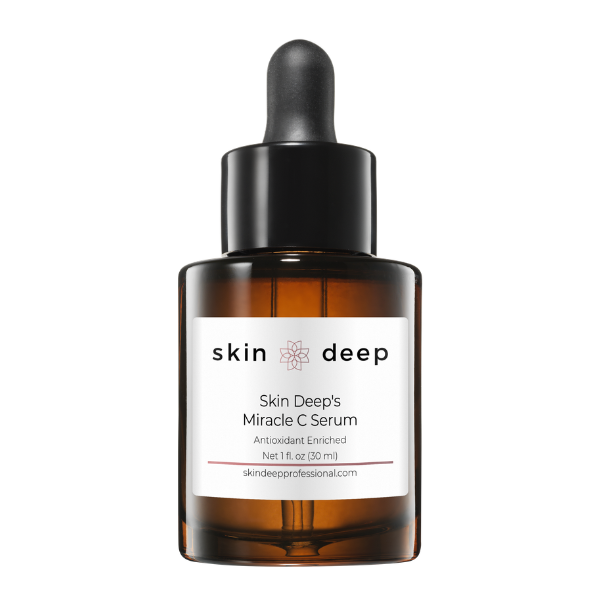 A brown dropper bottle labeled Skin Deeps Miracle C Serum on a white background.