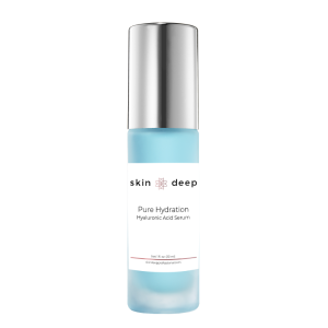 Blue bottle of Skin Deep Pure Hydration Hyaluronic Acid Serum with a silver cap.