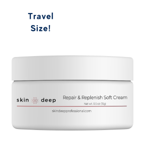 White jar labeled Repair & Replenish Soft Cream, Travel Size! by Skin Deep.