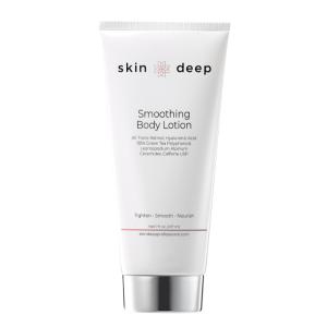 White tube of Skin Deep Smoothing Body Lotion with black and pink text on the front.