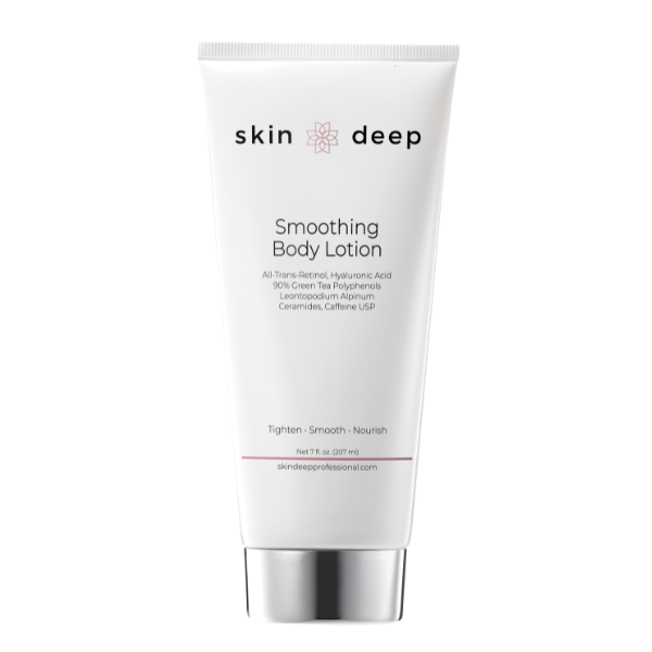 White tube of Skin Deep Smoothing Body Lotion with black and pink text on the front.