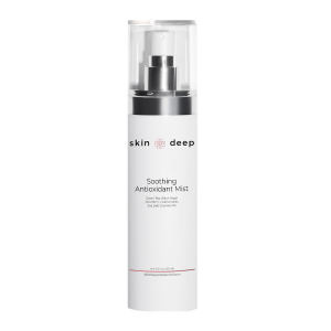 White bottle of Skin Deep Soothing Antioxidant Mist with a clear cap and silver accents.