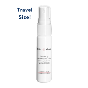 White bottle of Skin Deep Soothing Antioxidant Mist labeled Travel Size! on the left.