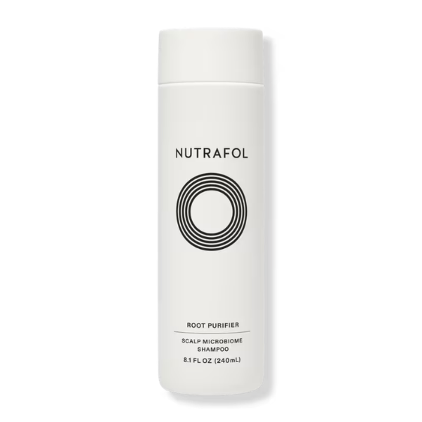 White Nutrafol Root Purifier shampoo bottle with text that says Scalp Microbiome Shampoo