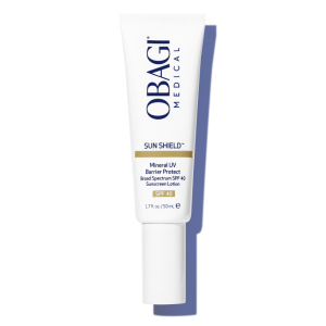 Obagi Medical Sun Shield SPF 40 sunscreen tube against a white background with a shadow.