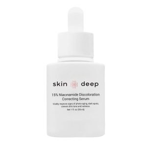 White dropper labeled Skin Deep 15% Niacinamide Discoloration Serum.