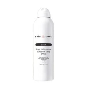 White bottle labeled Skin Deep Daily Sheer UV Protection Sunscreen Spray SPF 30.