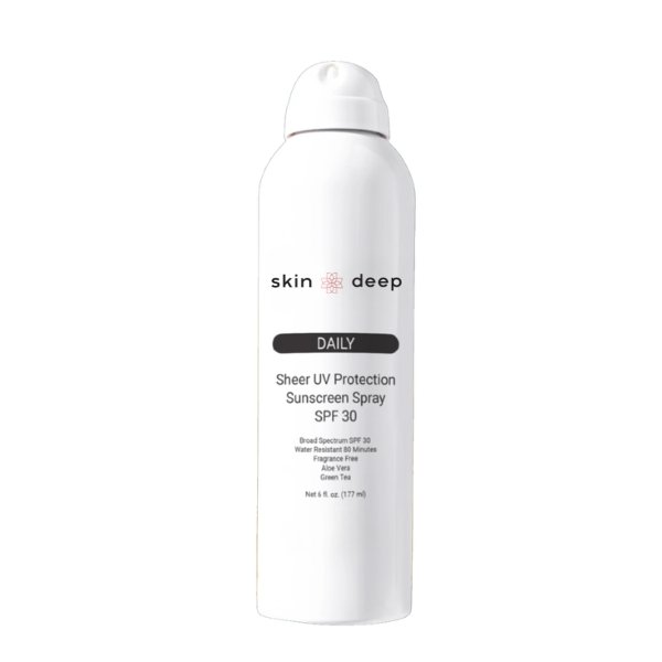 White bottle labeled Skin Deep Daily Sheer UV Protection Sunscreen Spray SPF 30.