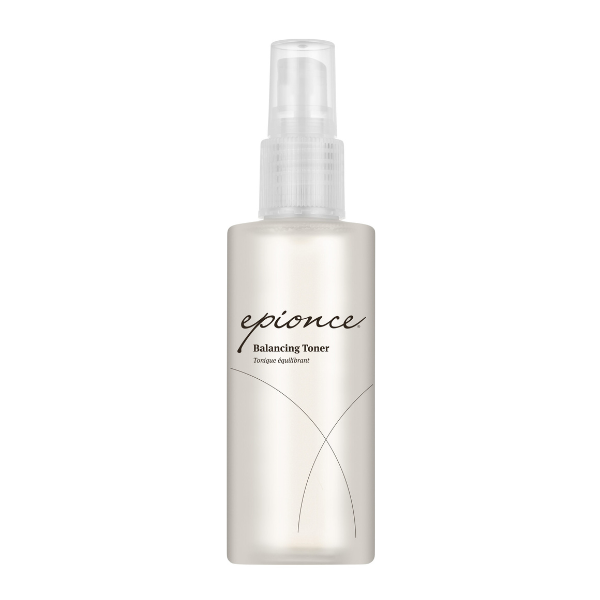 Clear spray bottle labeled Epionce Balancing Toner with a white cap and black text.